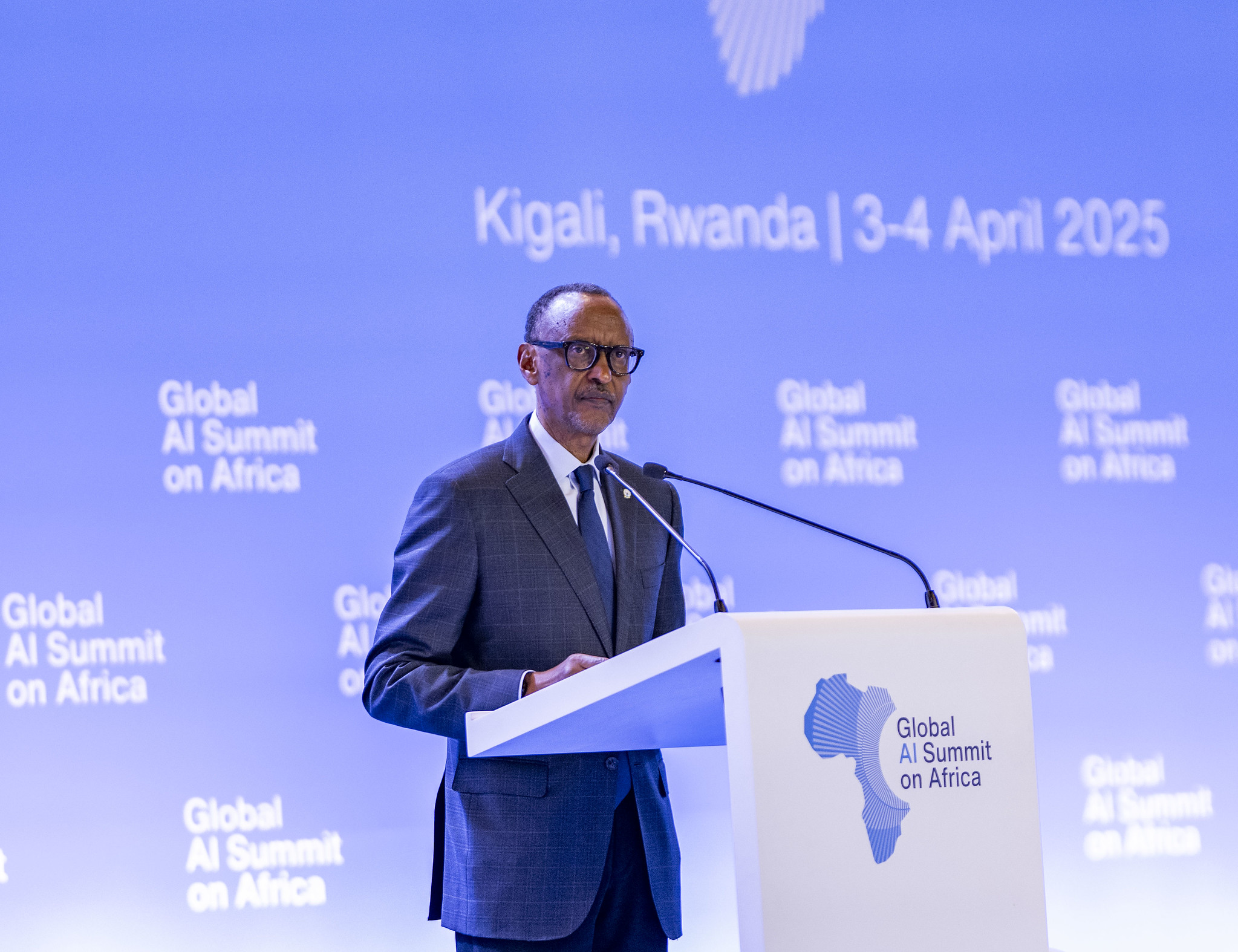 President Kagame speaking at the Global AI Summit on Africa, Kigali, April 2025